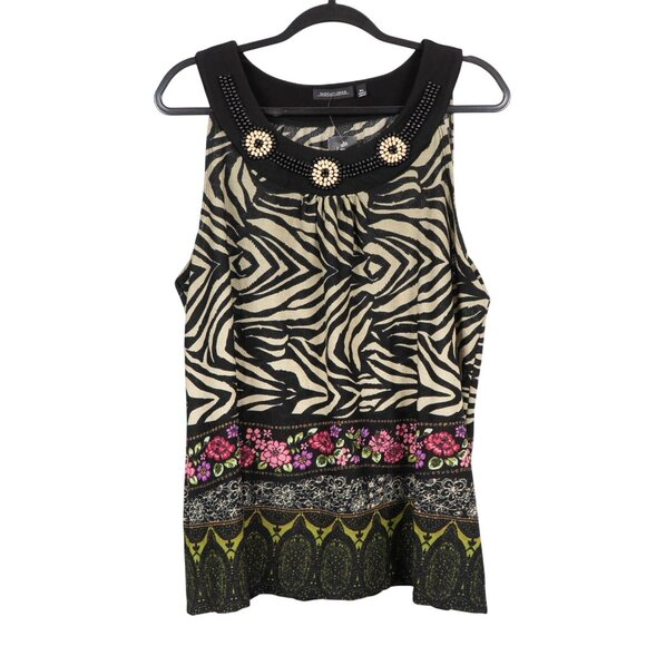 Notations Tank Top XL Women NEW Zebra Print Beads Floral Green Sleeveless Blouse - Picture 1 of 6
